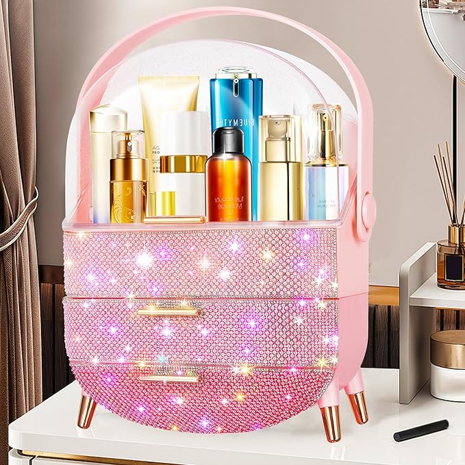 Bling Makeup Organizer for Teen Girl Gift,Hollywood Vanity Makeup Storage Box for Girl Birthday Gift,Practical Gift for Daughter,Bathroom Organizer,Skincare Organizer (Triple Pink)