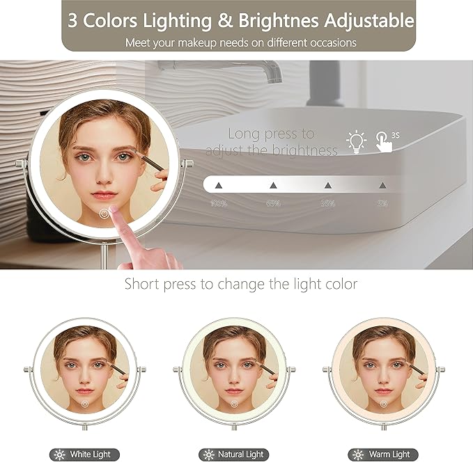 8" Lighted Makeup Mirror, 1X/10X Magnification Mirror with Light, Double Sided Dimmable Mirror, Rechargeable & Brightness & Height Adjustable, Cordless Vanity Mirror(Brushed Nickel)