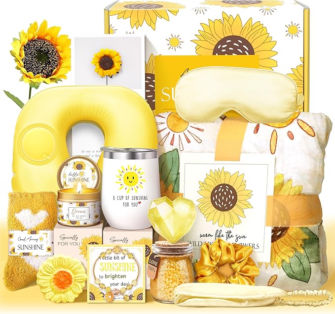 LUCOTIYA Sunflower Get Well Gifts for Women Self-Care Gift Set with Wine Tumbler, Blanket, Neck Pillow, Cozy Socks, Candle, Bath Bombs, for Women Birthday Mom Grandma