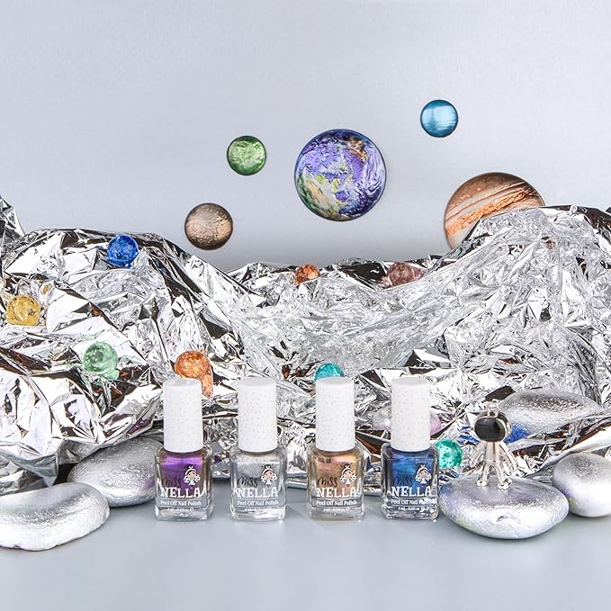 MISS NELLA SPACE COLLECTION Metallic Nail Polish for kids, set of 4 varnishes: silver, bronze, purple & blue, Peel- Off varnish for toddlers
