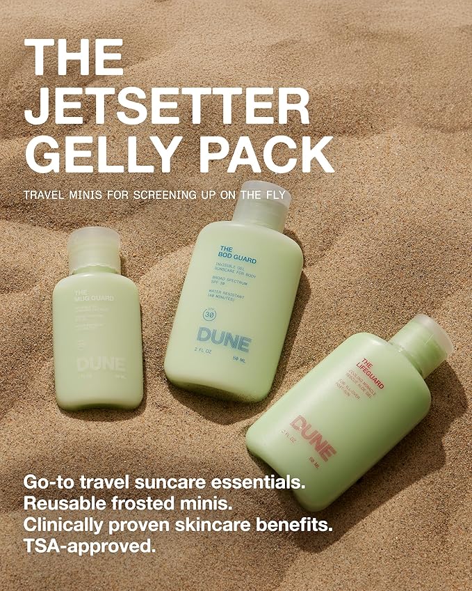 Jetsetter Gelly Pack Mini Travel Set - 7x Award-Winning Dermatologist Recommended Clear Gel Suncare for Face and Body - Bod Guard (2 Fl Oz), Mug Guard (1 Fl Oz), and Life Guard (2 Fl Oz)