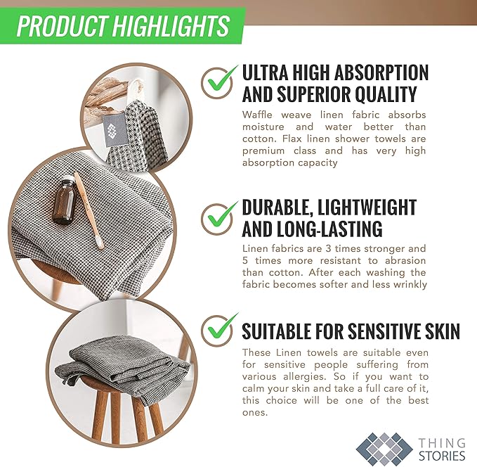 100% Linen Throw Blanket - Extra Large Bath Towel 60x80-inch Black-Natural Waffle Flax Linen Blanket Bed Throw Lightweight Absorbent Thin Oversized Bath Sheets Towels for Adults Quick-Drying XL