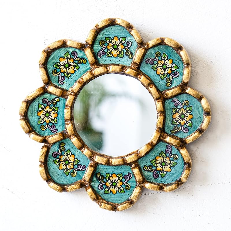 Peruvian Small Wall Mirror set of 3 - Decorative Vintage mirrors of 6" for wall decor - Painted Glass mirror for wall room decor