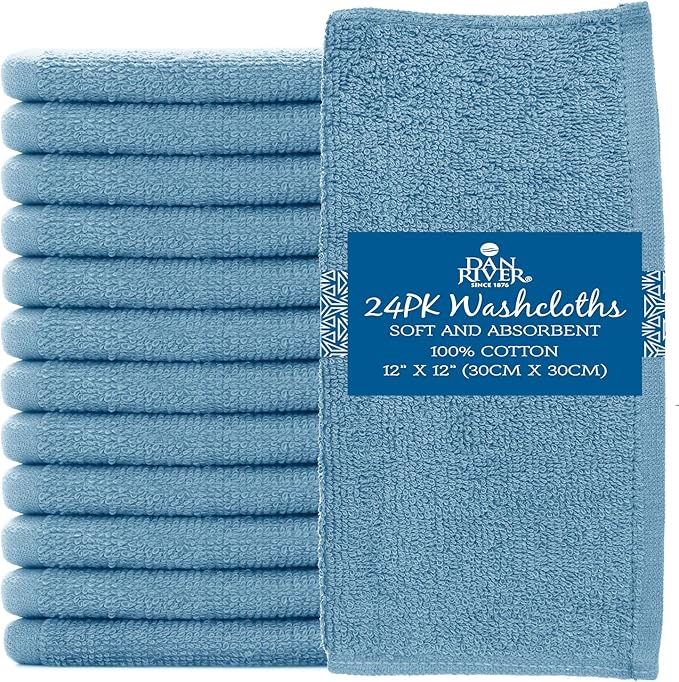 DAN RIVER 100% Cotton Washcloths 24 Pack Premium Quality Face and Body Cloth, Quick Dry Essential Towels for Bathroom, Hand, Kitchen & Cleaning, Baby Washcloths | 12X12 in | 400 GSM | M-Blue