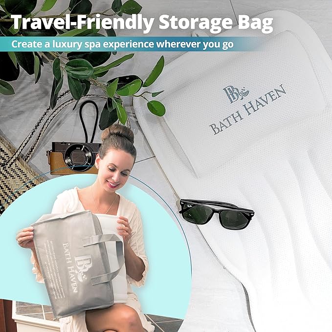 Bath Haven Bath Pillow for Bathtub - Full Body Mat & Cushion Headrest for Women and Men, Luxury Pillows for Neck and Back in Shower Tub or Jacuzzi - Powerful Suction Cups - Spa Accessories (Classic)