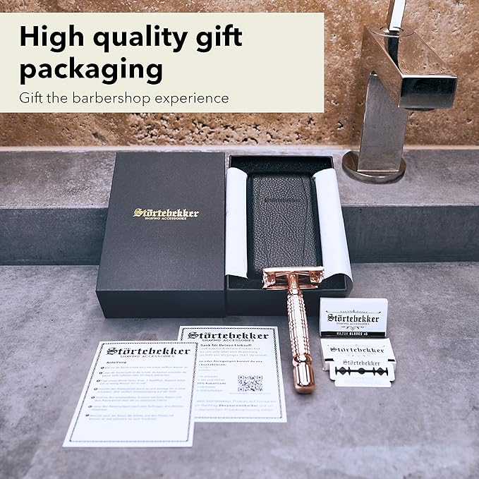 Störtebekker® Premium Men's Safety Razor ‘Hamburg’ - incl. handmade leather case with built-in mirror, 10 Störtebekker blades & shaving guide - First Class Wet Razor shaving set - Gift Idea for Men