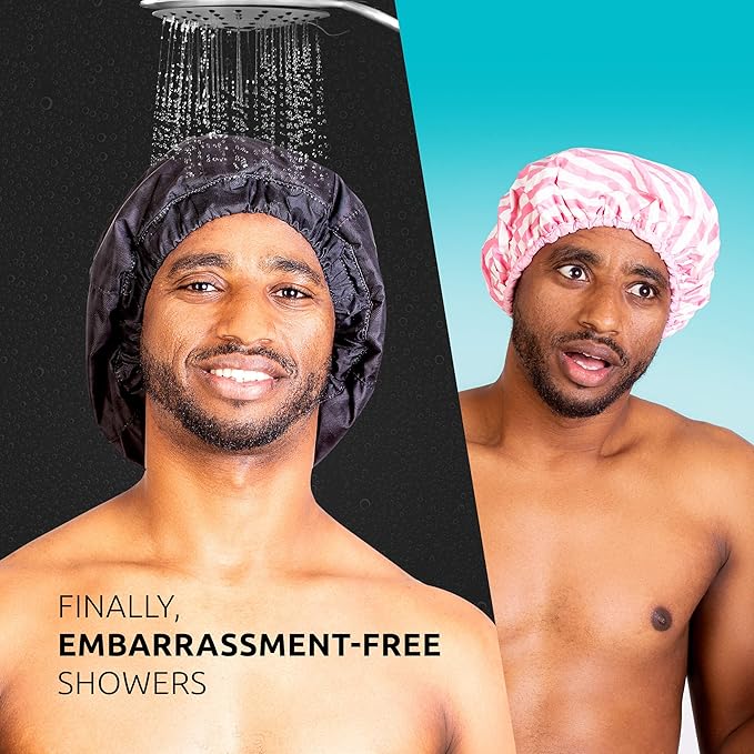 Men Shower Cap For dreadlocks, braids, curls, locs, curly Hair. Waterproof, Reusable, Large shower cap for mens hair. Terry cloth lined, elevated, sleek looking shower caps (Black Camouflage)