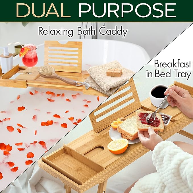 SereneLife Bath Caddy Breakfast Tray Combo with Gift Box-Natural Bamboo Wood Waterproof Bath Tub Caddy and Bed Tray with Folding Slide-Out Arms,Device Grooves,Wine Glass and Soap Holder