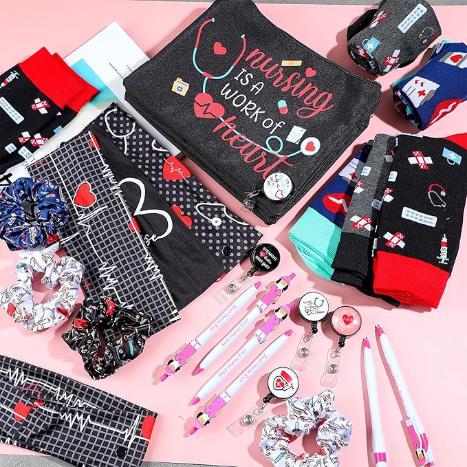 Colarr 36 Pcs Nurse Appreciation Gift Set Include Nurse Makeup Bag Nursing Headbands Hair Nurse Scrunchie Nurses Socks Nurse Ballpoint Pens Nurse Badge Holder Reel Nurse Week Day Gifts for Nurse