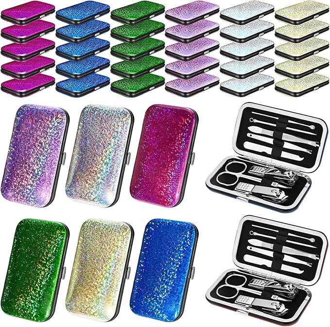 30 Sets Bulk Gifts for Women Manicure Set Bulk Professional Nail Care Kit Nail Clippers Kit 8 in 1 Stainless Steel Pedicure Set with Travel Case for Women Men(Bright Glitter)