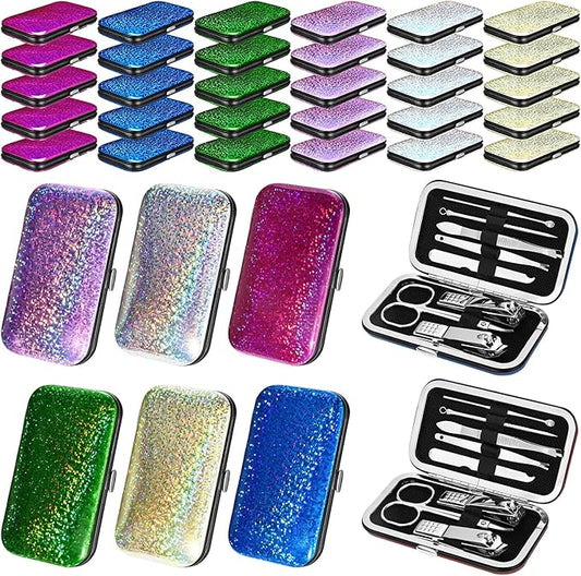 30 Sets Bulk Gifts for Women Manicure Set Bulk Professional Nail Care Kit Nail Clippers Kit 8 in 1 Stainless Steel Pedicure Set with Travel Case for Women Men(Bright Glitter)