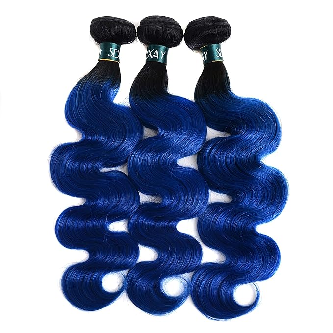 SEXAYHAIR Blue Bundles Brazilian Remy Human Hair 1b/blue Body Wave Human Hair, 2 Tone Ombre Hair 3 Bundles Unprocessed Blue Hair for Women (12 14 16 Body 1b/blue)
