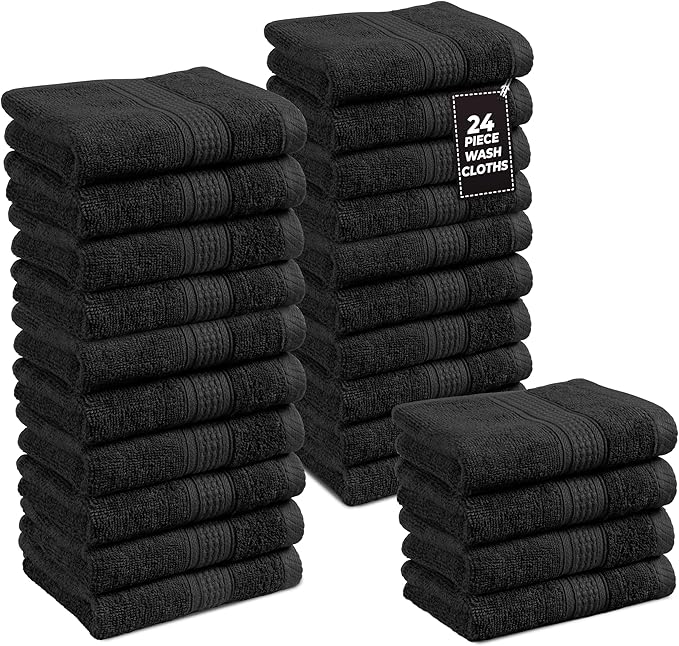 LANE LINEN 100% Cotton Washcloths 24 Pack - Spa & Salon Quality Face Towels - Ring Spun, Soft & Absorbent Wash Cloths for Body, Beauty, Home, Gym - Fingertip Towels Set- 13"x13", Black Washcloths