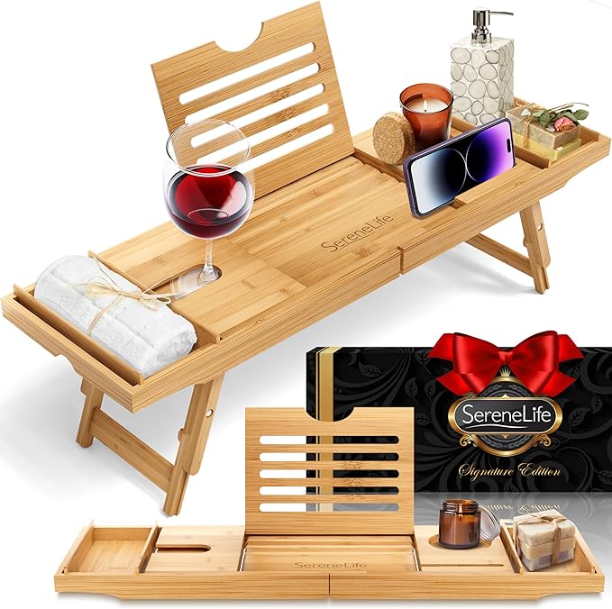 SereneLife Bath Caddy Breakfast Tray Combo with Gift Box-Natural Bamboo Wood Waterproof Bath Tub Caddy and Bed Tray with Folding Slide-Out Arms,Device Grooves,Wine Glass and Soap Holder