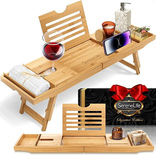SereneLife Bath Caddy Breakfast Tray Combo with Gift Box-Natural Bamboo Wood Waterproof Bath Tub Caddy and Bed Tray with Folding Slide-Out Arms,Device Grooves,Wine Glass and Soap Holder