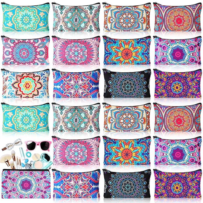 24 Pieces Makeup Bags Bulk Canvas Cosmetic Bags Purse Organizer Zipper Cosmetic Pouch Portable Travel Toiletry Pouch for Women Men Gifts, 7 x 4 Inch (Mandala)