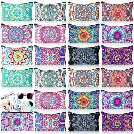 24 Pieces Makeup Bags Bulk Canvas Cosmetic Bags Purse Organizer Zipper Cosmetic Pouch Portable Travel Toiletry Pouch for Women Men Gifts, 7 x 4 Inch (Mandala)