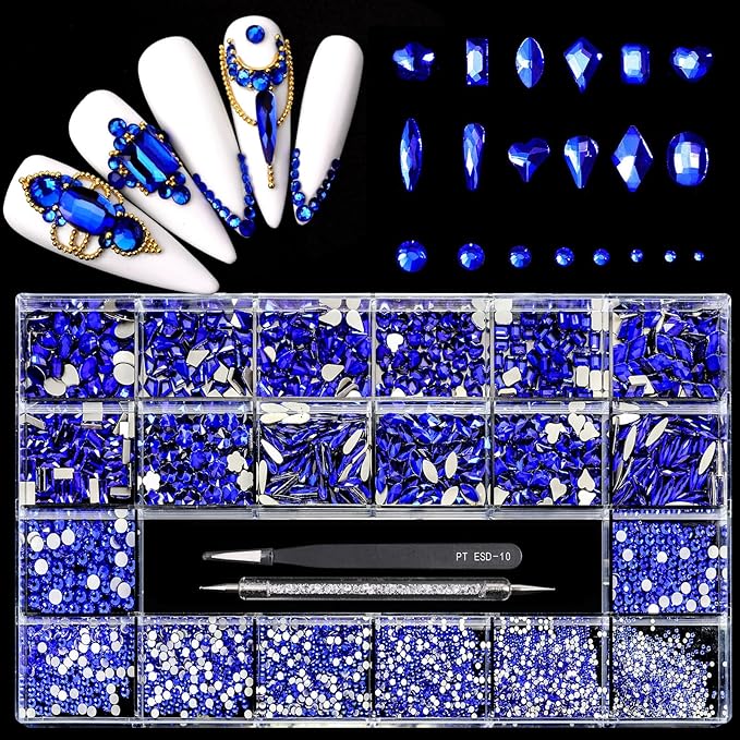 12 Types of Blue 600 Diamonds + 2500 Flat Rhinestones Mix 20 Styles Flatback DIY Crafts Rhinestone Crystals 3D Decorations Flat Back Stones Set +Tweezers + Drill Pen