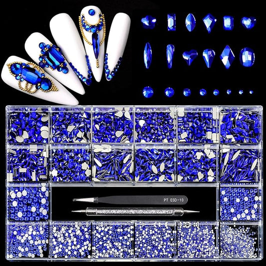 12 Types of Blue 600 Diamonds + 2500 Flat Rhinestones Mix 20 Styles Flatback DIY Crafts Rhinestone Crystals 3D Decorations Flat Back Stones Set +Tweezers + Drill Pen