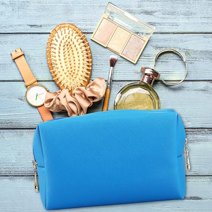 Sanwuta 9 Pcs Preppy Makeup Bag PU Leather Cosmetic Bag Makeup Pouch Plain Waterproof Toiletry Organizers for Traveling Preppy Travel Purse End of the Year Teacher Gifts Bulk(Blue)