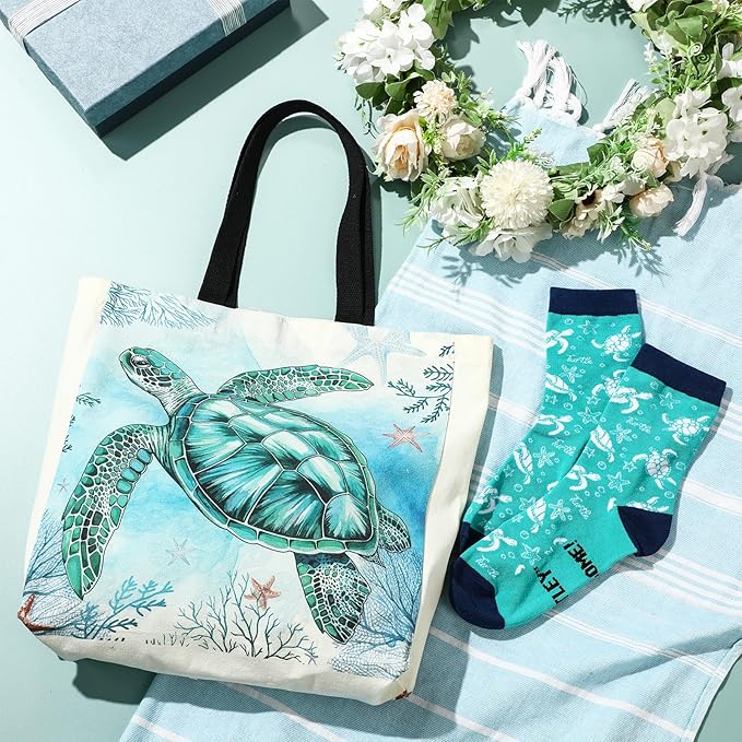 Animal Lover Gifts for Women Mother's Day Animal Themed Gifts for Mom Include Canvas Tote Bag, Makeup Bag, Socks, Keychain, Enamel Mug, Small Figurines(Sea Turtle)