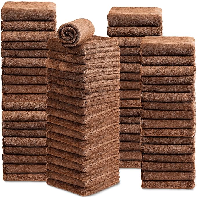 Newwiee 72 Pack Microfiber Bleach Proof Towels Bulk for Salon 18 x 30 Inch Dry Lint Free Hair Drying Hand Towels for Hair, Gym, Bath, Spa, Shaving, Barber(Brown)