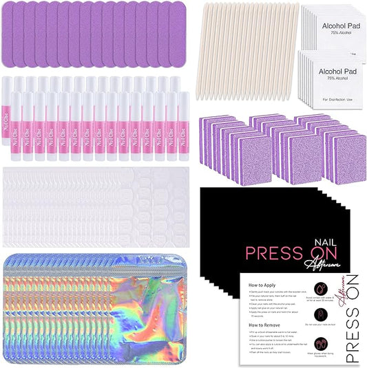50 Set Press On Nail Tool Prep Kit for Salon Business, Disposable Manicure Kit with Nail File, Buffer, Glue, Prep Pad, Instruction Card, Adhesive Tabs, Wood Stick, Purple Packaging Bag