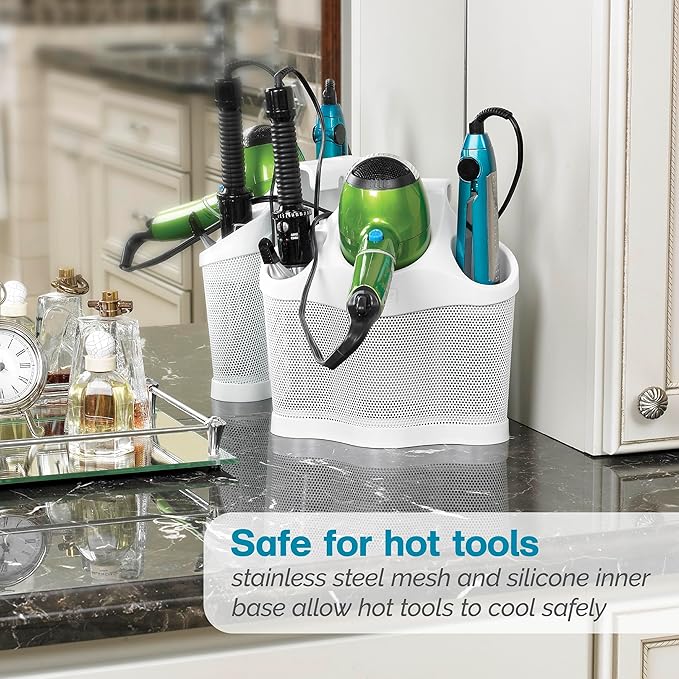 Polder Style Station, Tool Organizer for Hair Dryer, Curling Iron, and Straightener, Easy-to-Store Hair Styling Station, White and Silver