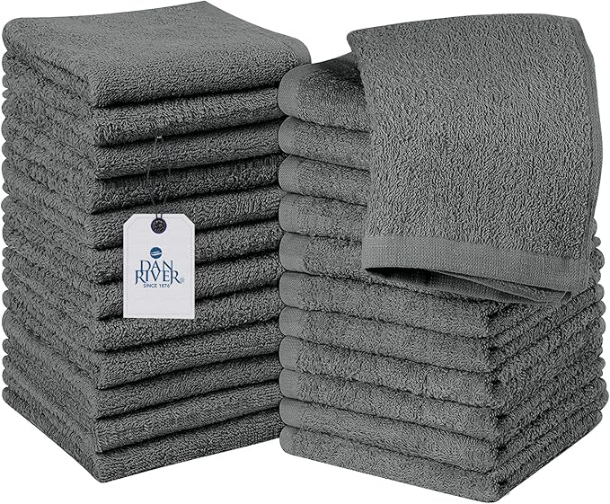 DAN RIVER 100% Cotton Washcloths 24 Pack Premium Quality Face and Body Cloth, Quick Dry Essential Towels for Bathroom, Hand, Kitchen & Cleaning, Baby Washcloths | 12X12 in | 400 GSM | Gray