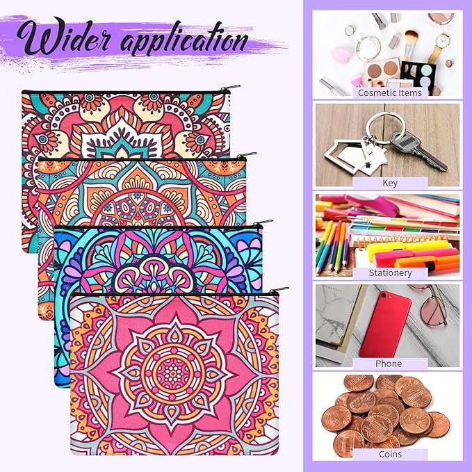 Eccliy 20 Pcs Mandala Makeup Bag Cosmetic Bag Canvas Gifts Colorful Mandala Themed Accessories for Girls Toiletry Pouch with Zipper for Women Party Shopping Home Travel, 9 x 7 Inch
