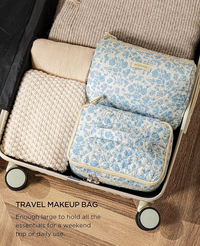 HBselect 2Pcs Travel Makeup Bag, Large Cotton Quilted Makeup Bag Cosmetic Bag Cute Make up Bag Toiletry Bags for Women Girls