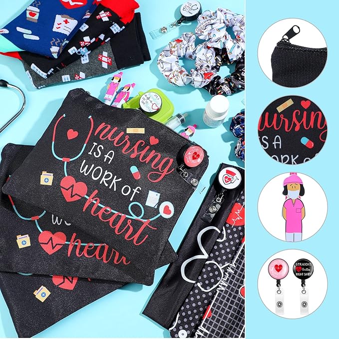 Colarr 36 Pcs Nurse Appreciation Gift Set Include Nurse Makeup Bag Nursing Headbands Hair Nurse Scrunchie Nurses Socks Nurse Ballpoint Pens Nurse Badge Holder Reel Nurse Week Day Gifts for Nurse