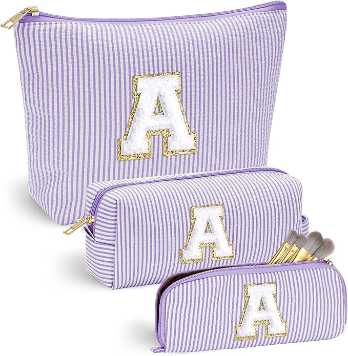 YOOLIFE Birthday Gifts - Personalized Monogram Makeup Bag Cosmetic Bag Travel Toiletry Bag Birthday Gifts for Women Her Bridesmaid Friend Sister Wife Girlfriend Daughter Gifts Purple A