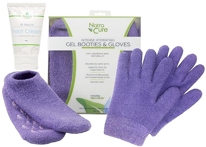 NatraCure Moisturizing Gel Gloves and Socks Gift Set (Color: Lavender) with NatraCure Foot Cream and Lotion Bundle