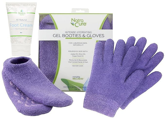NatraCure Moisturizing Gel Gloves and Socks Gift Set (Color: Lavender) with NatraCure Foot Cream and Lotion Bundle