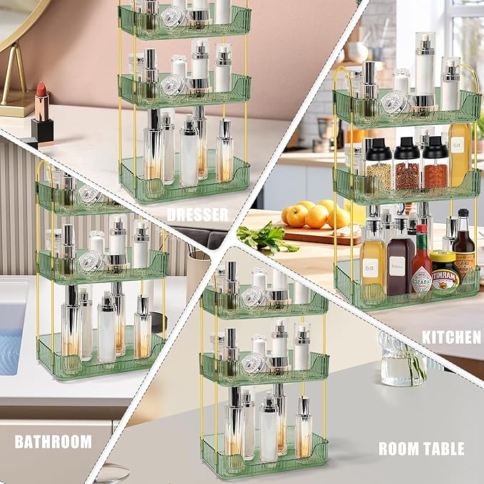 Bathroom Counter Organizer Countertop Storage Skincare Countertop Makeup Organizer Cosmetics Skincare Organizers Holder for Perfume-Green-Golden Pole-3 Tier