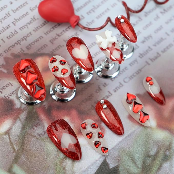 Almond Press on Nails Handmade Medium Long/Stiletto 3D Flower Fake Nail with Designs, Women Reusable False Nails (Glitter Red, M)