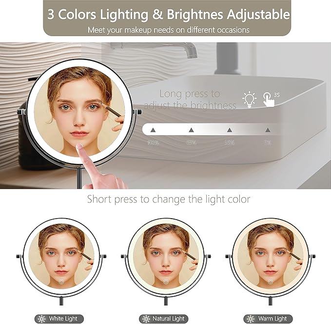 8" Lighted Makeup Mirror, 1X/10X Magnification Mirror with Light, Double Sided Dimmable Mirror, Rechargeable & Brightness & Height Adjustable, Cordless Vanity Mirror(Matte Black)