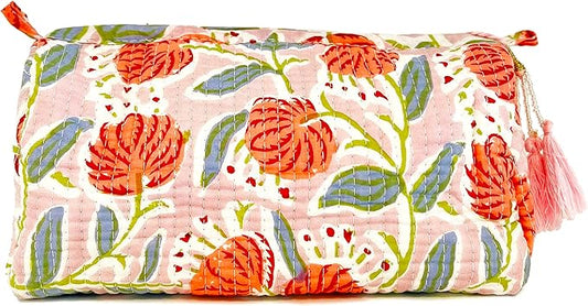 Block Print Designer Toiletry Bag & Makeup Case - Boho Floral Quilted Pouch for Cosmetics, Skincare - Waterproof Lined Organizer for Diaper Bag, Purse, Travel, Gift, Pencils (Pink Multi Floral)