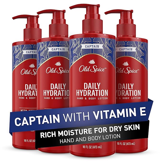 Old Spice Hand & Body Lotion for Men, Daily Hydration, 24/7 Hydration, 24/7 Replenishing Rich Moisture for Dry Skin, Lightweight Formula, Captain with Vitamin E Scent, 16 fl (Pack of 4)