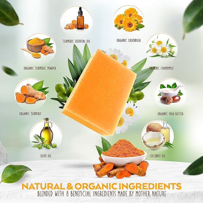 Turmeric Soap Bar for Body & Face - Made with Natural and Organic Ingredients. Gentle Soap – For All Skin Types – Made in USA 4.5oz Bar