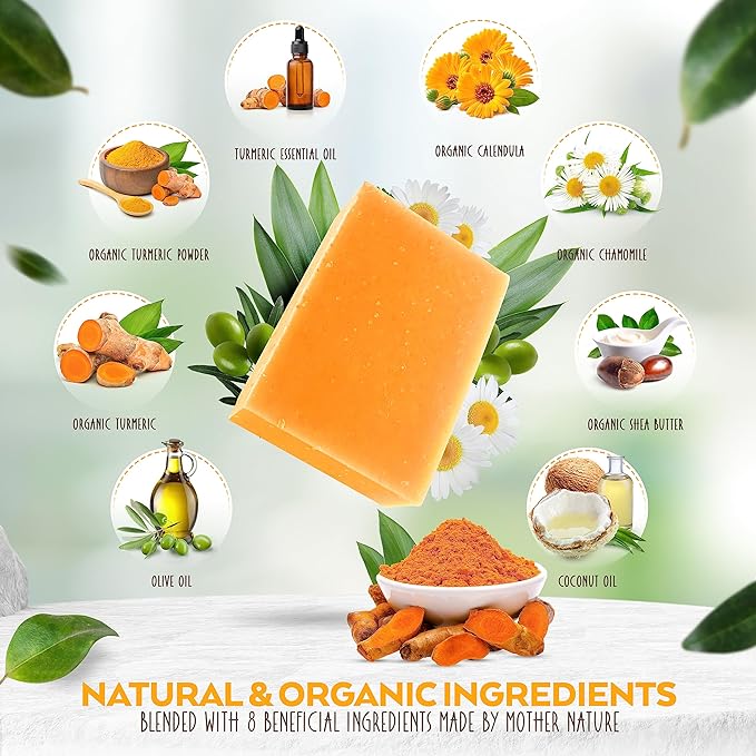 Turmeric Soap Bar (3 Pack) for Body & Face, Made with Natural and Organic Ingredients. Gentle Soap – For All Skin Types – Made in USA 4.5oz Per Bar