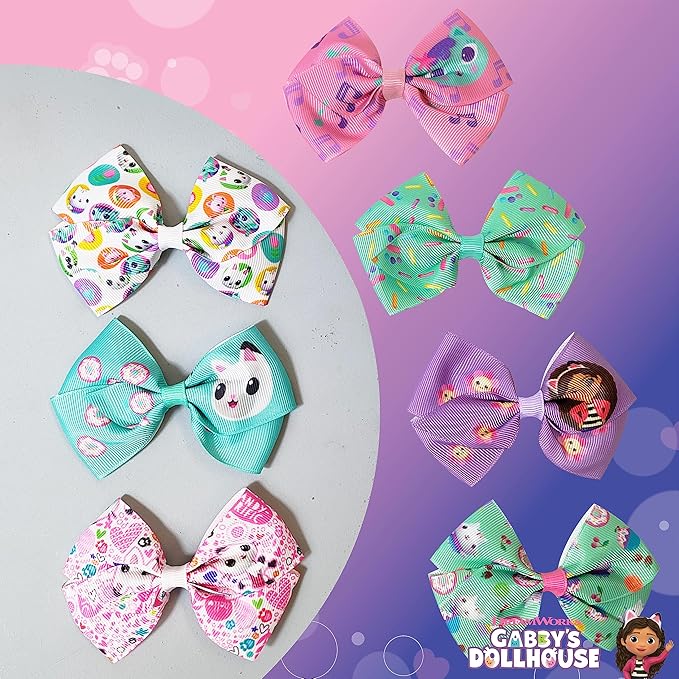 Gabby's Dollhouse Hair Bows - Hair Accessories Gift Set - Princess Hair Bows 7 Pcs 4 Inch Bundle Hair Bows for Girls Different Character on each Hair Clip Kids Bow - Alligator Clip - Ages 3 +