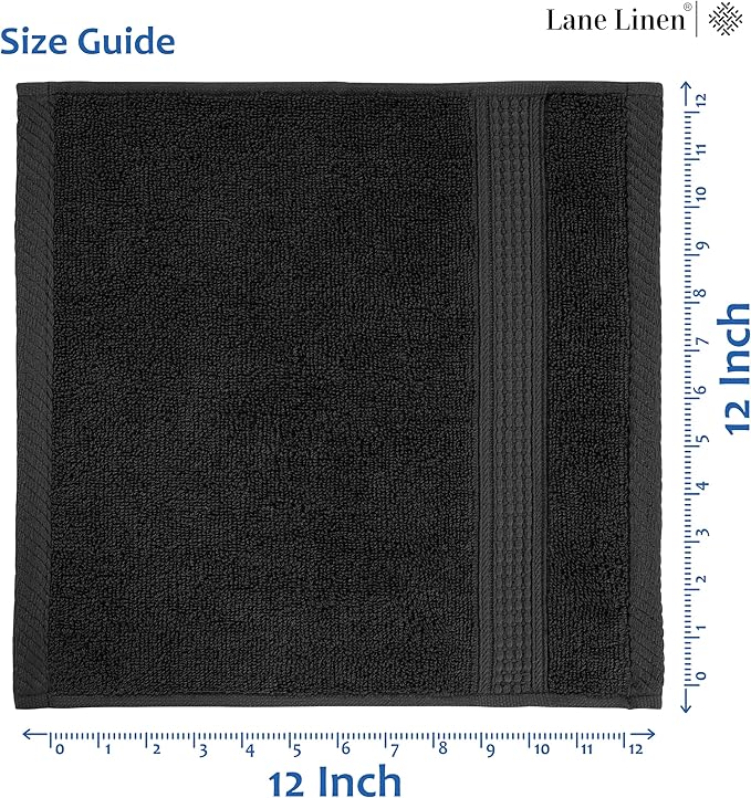 LANE LINEN 100% Cotton Washcloths 12 Pack - Spa & Salon Quality Face Cloths - Ring Spun, Soft & Absorbent Wash Cloths for Body, Beauty, Home, Gym - Fingertip Towels Set- 13"x13", Black Towels Set