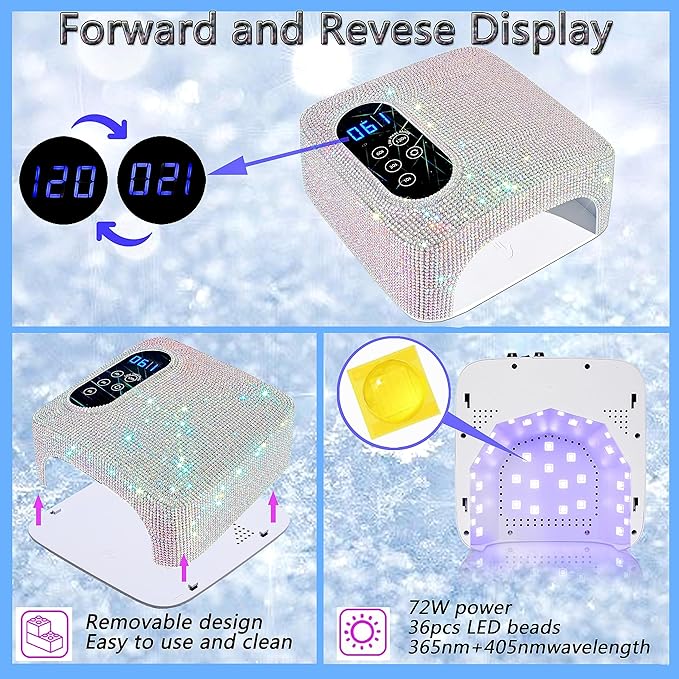 72W UV LED Nail Lamp,Rechargeable Cordless Nail Dryer,Portable UV Led Nail Light with Full Diamond on Surface,Professional Curing Gel Polish Acrylic Nails Tools for Home & Salon