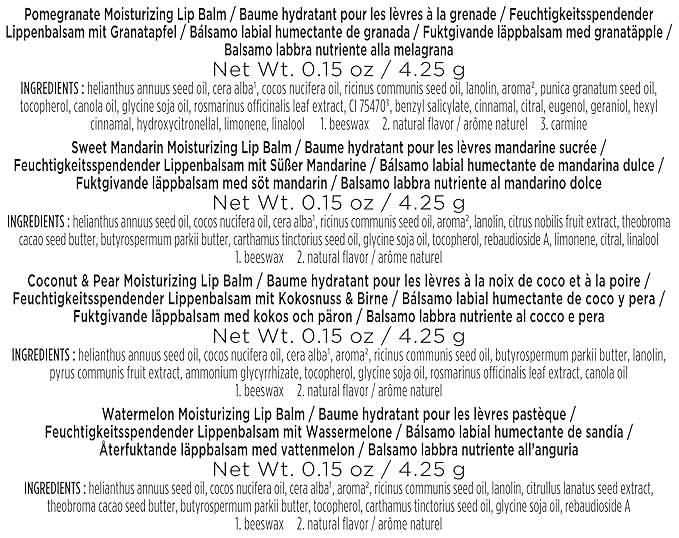 Burt's Bees Lip Balm - Just Picked Gifts Set with Pomegranate, Watermelon, Sweet Mandarin, Coconut and Pear Natural Lip Treatment Tubes, 4, 0.15 oz.