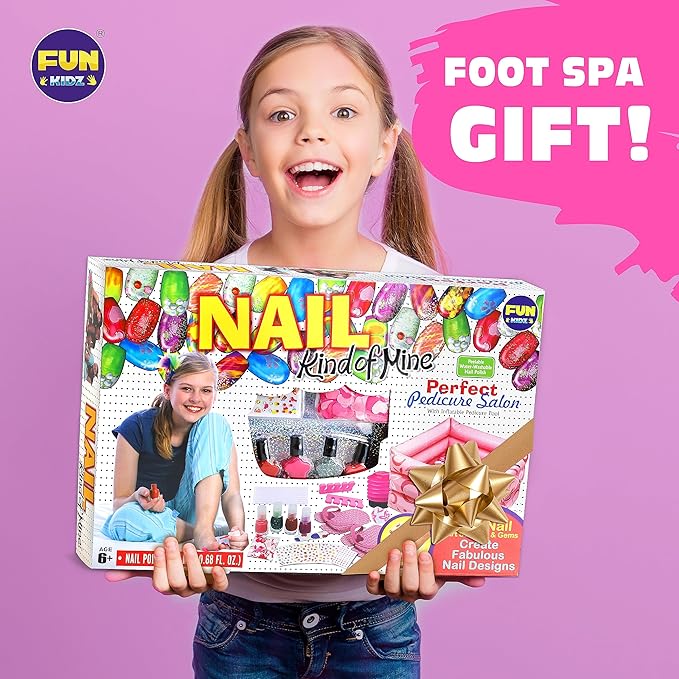 Kid Foot Spa Kit, Funkidz Pedicure Set for Girls Size 17.91Wx12.4L Box Includes Bigger Inflatable Durable Foot Tub Inflator Pump Peelable Nail Polish Supplies of Sleepover Slumber Party Kit