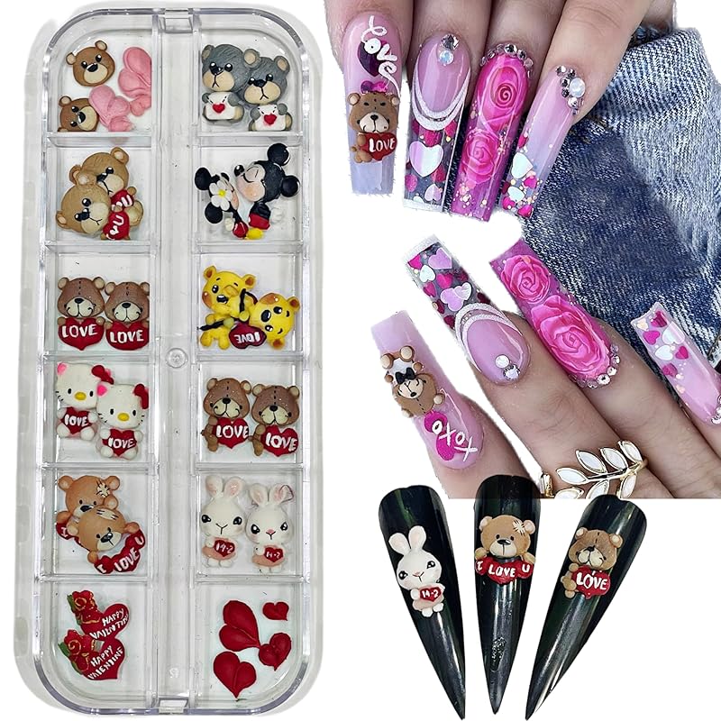 3D Acrylic Valentine Bear Character Nail Art Charms Handmade by Acrylic Powder - 24pcs Flowers Nail Rhinestones Kit 3D Crystal Nail Pearls Design Acrylic Nail Art for Women (Valentine)
