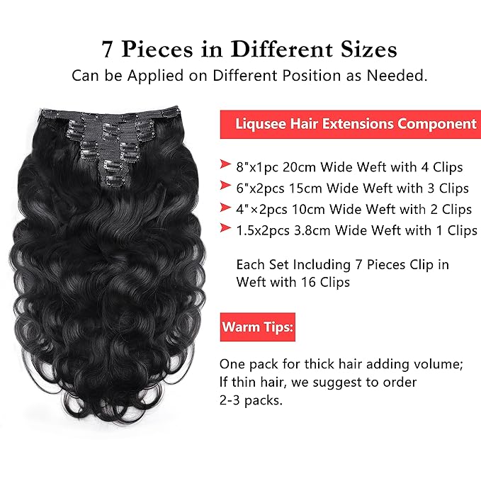 Clip in Hair Extensions 100% Remy Virgin Human Hair Extensions 7pcs Per Set with 16 Clips 100g Natural Black Hair Extensions Double Weft Body Wave Hair Invisible (22 Inch, Natural Color #1B)