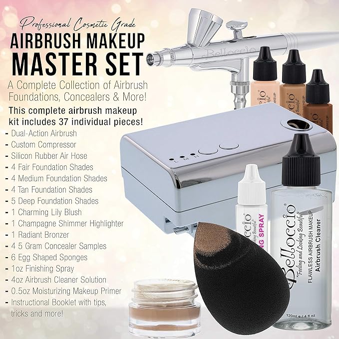 Belloccio Airbrush Cosmetic Makeup System with a MASTER SET of All 17 Foundation Shades plus Blush, Shimmer and Bronzer All in 1/2 oz bottles